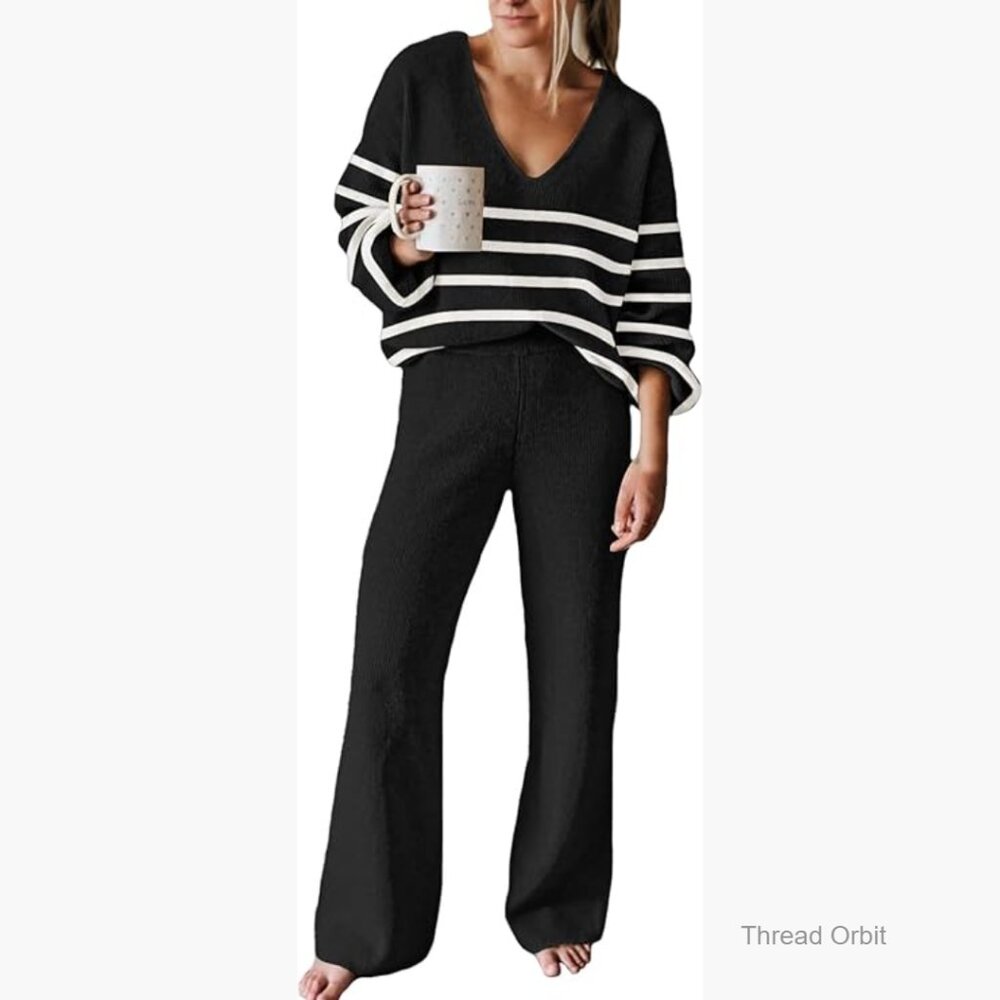 V-Neck Ribbed Knit Sweater Top and Wide Leg Lounge Pants Set